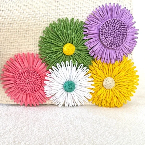 Haute Hippie Straw Bag w/ Colorful Floral Decoration & Bamboo Handle - Picture 3 of 9